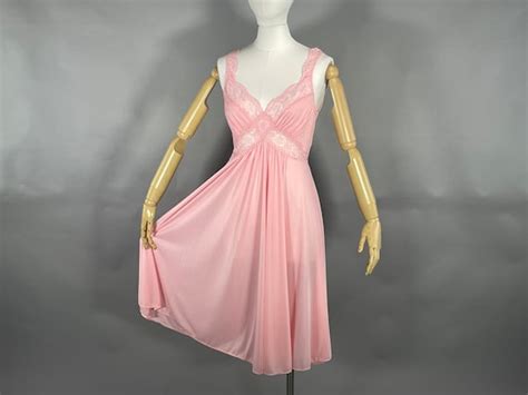 Vintage Olga Pink Nightgown Medium 1970s Lace Nylon Gem