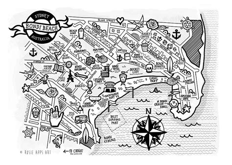 Bondi beach, famous surf beach. Bondi Beach Doodle Map - Rosie Apps | Beach illustration, Illustrated map, Bondi beach