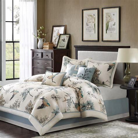 7pc Blue And Khaki Bird Lovers Comforter Set And Decorative Pillows