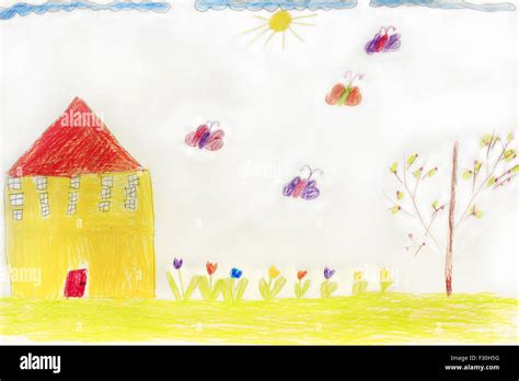 Multicolored Childrens Drawing With House Butterflies And Flowers
