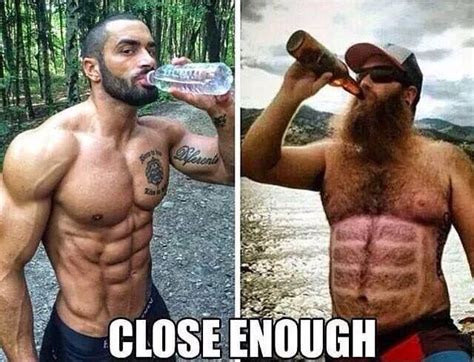 A Man With No Shirt Drinking From A Water Bottle And Another Without