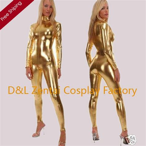 Free Shipping Dhl Halloween Costumes Sexy Gold Shiny Metallic Spandex Zentai Catsuits Fantasy