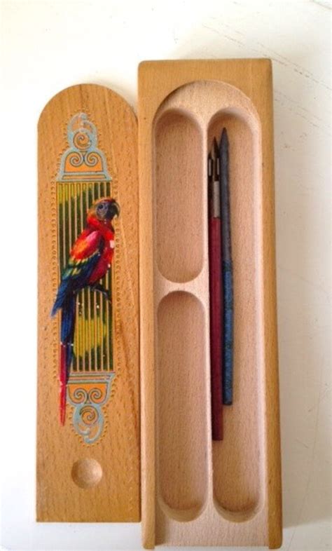 Vintage Wooden Pencil Case With 1960s Parrot Transfer
