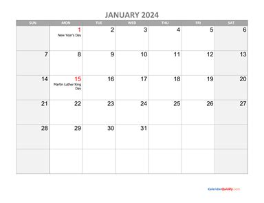 January Calendar With Holidays Calendar Quickly