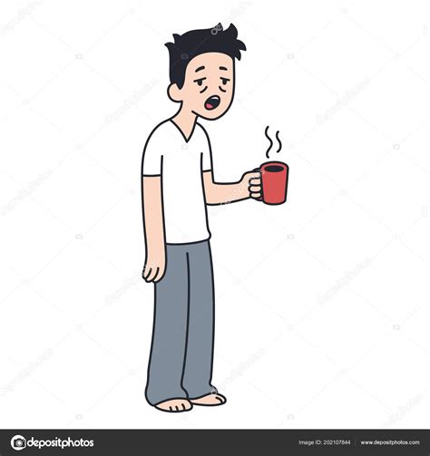 Sleepy Man Holding Cup Coffee Yawning Morning Routine Cartoon