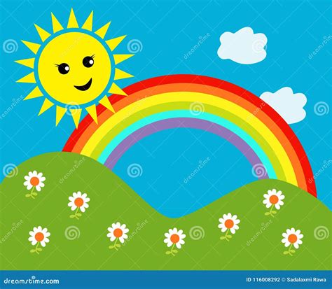 Sol Feliz Con El Arco Iris Y Las Nubes Foto De Archivo Ilustración De