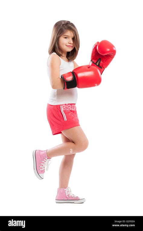 Cute And Adorable Little Boxing Girl On White Background Stock Photo