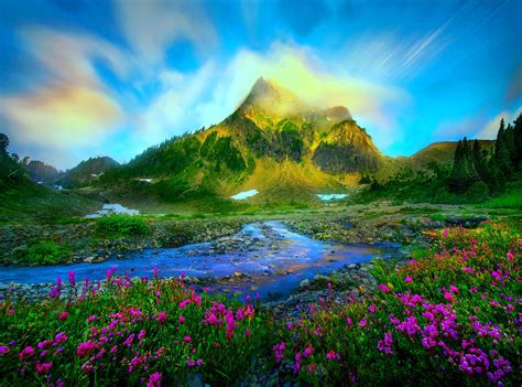 Download Stream Sky Mountain Flower Spring Nature Landscape Wallpaper