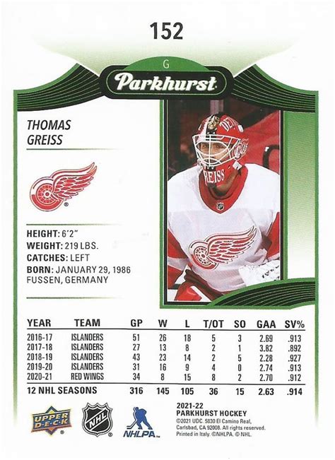 2021 22 parkhurst 152 thomas greiss trading card database