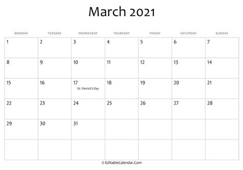 Monthly Calendar Template March 2021 Calendar Printable