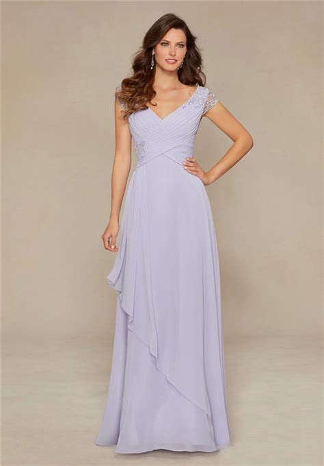 Stunning V Neck Long Violet Chiffon Beaded Mother Of The Bride Evening