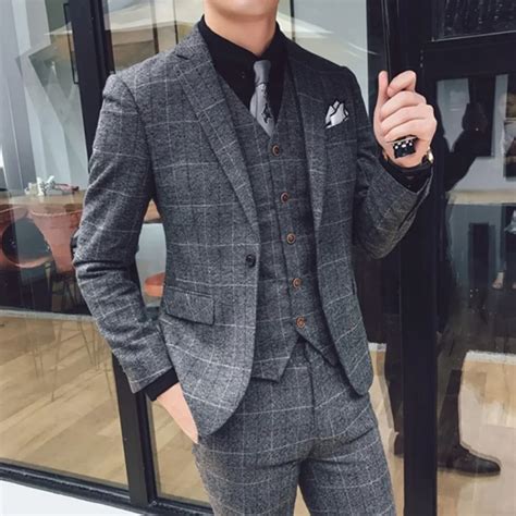 Mens Suit Designers 2018 Grey Plaid Slim Fit Tuxedo Men Suit Formal