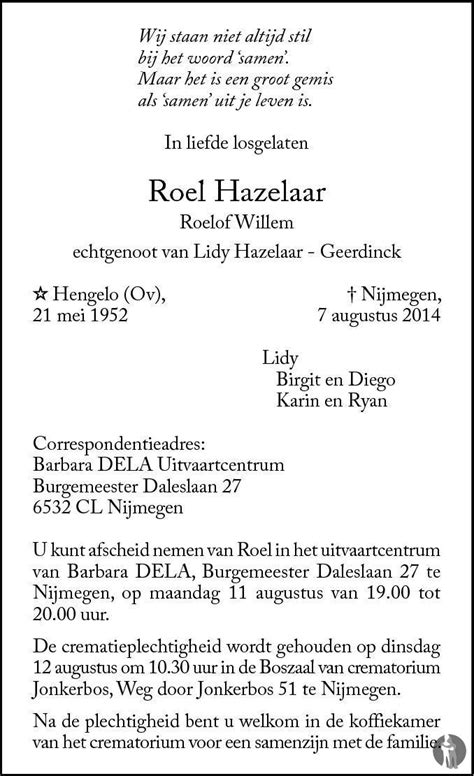 Roelof Willem Roel Hazelaar 07 08 2014 Overlijdensbericht En