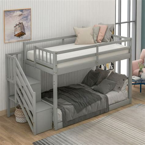 Floor Bunk Bed Solid Wood Twin Over Twin Bed Frame With Guard Rail