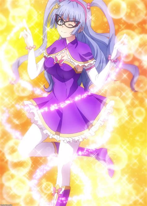 An Anime Character With Long Blue Hair And Purple Dress Standing In