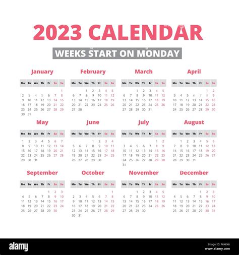 2023 Calendar Calendar For 2023 Year Week Starts On Monday Vector