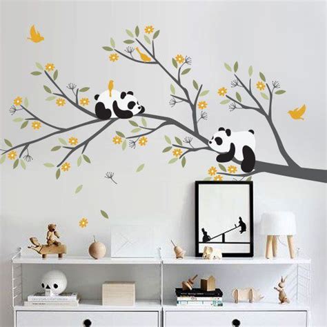 Item No W10026 Pandas On Branch Wall Decal With Flowers Set Size