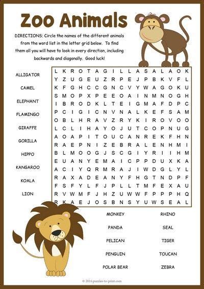 Zoo Animals Word Search Puzzle Animal Activities For Kids English