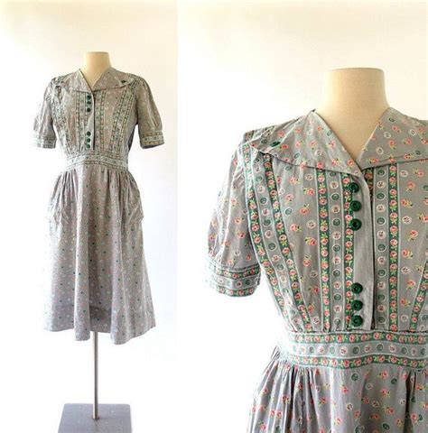 1930s Gray Cotton Floral Print Dress Green Rose Pink And Green Floral