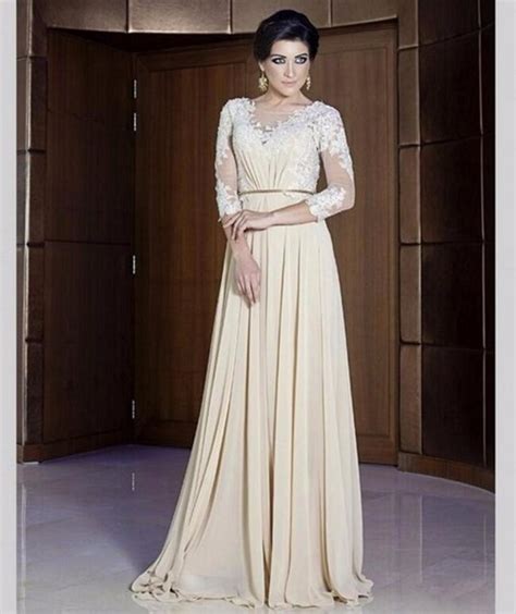 Elegant Beige Evening Dresses 2017 V Neck 34 Sleeve Appliques Lace