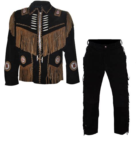 Mens New Native American Buckskin Black Suede Leather Fringes Shirt And Pant Ws24 Suits And Suit