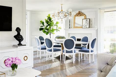 Chevron dining table & 4 grey dining chairs with hairpin legs. White and Blue French Dining Chairs at White and Gold Oval ...