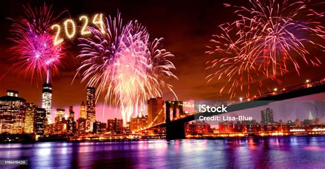 Happy New Year 2024 Fireworks Over New York City Usa Stock Photo