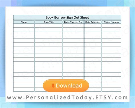 Printable Library Sign Out Sheets 2 Digital Download Pdf Files One