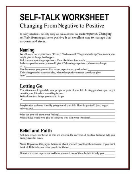 Self Talk Worksheets Changing Negatives Into Positives Schemas