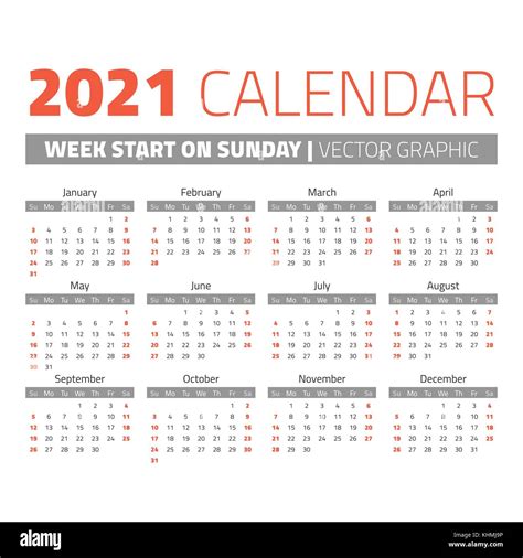 Simple 2021 Year Calendar Stock Vector Image And Art Alamy