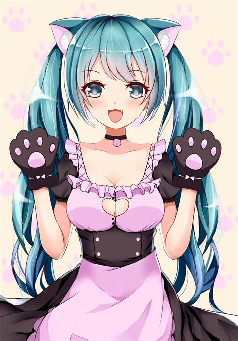 Hình nền Anime cô gái Hatsune Miku tóc dài Twintails tóc xanh mở áo sơ mi Tai động vật