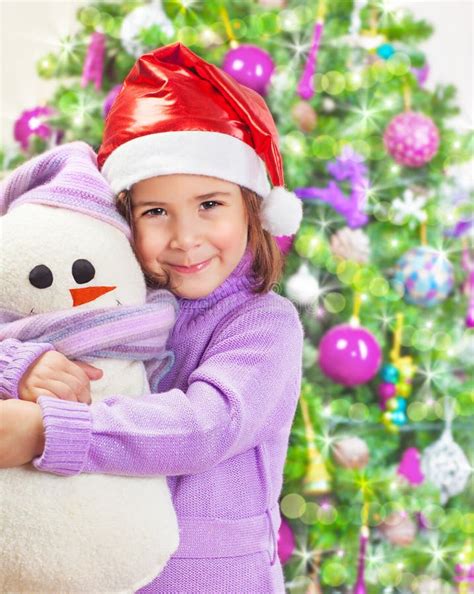 Happy Girl With Snowman Toy Stock Image Image Of Pine Female 33986437