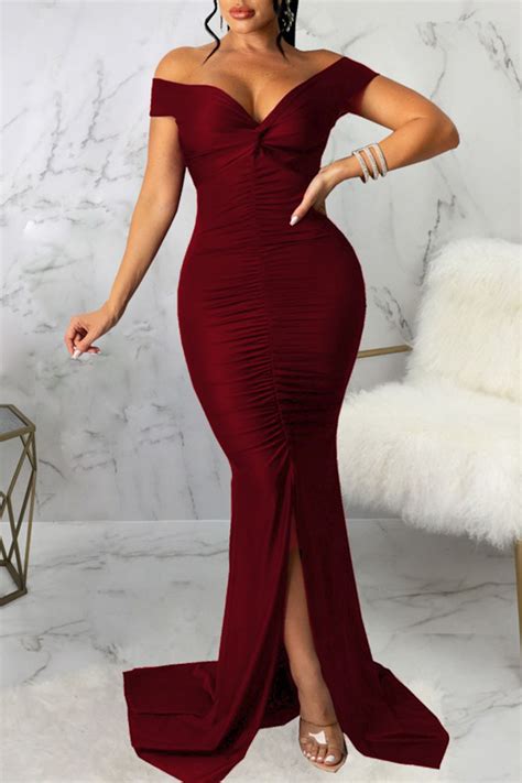 burgundy sexy elegant solid split joint slit fold v neck straight dresses dresses