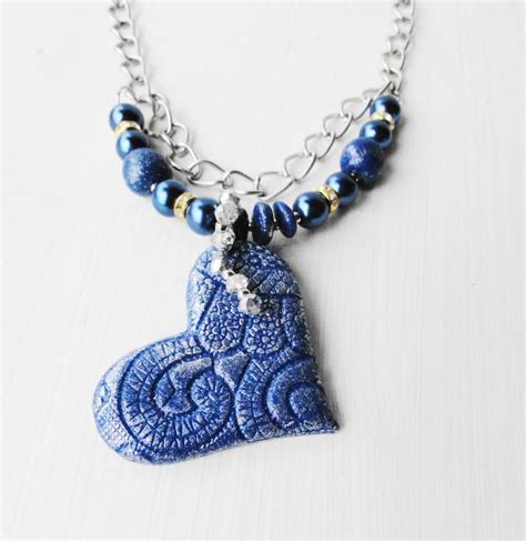 Elegant Blue Heart Necklace Polymer Clay Handmade Silver And Blue