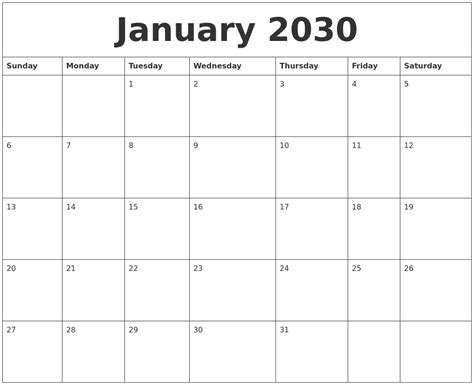 January 2030 Calendar Printable Free