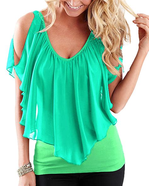 Sexy Women Blouse V Neck Cold Shoulder Ruffles Sleeveless Solid T Shirt Vest Tank Summer Casual