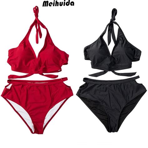 Sexy Solid Color Womens High Wasit Bikini Set Bandage Push Up Padded Swimwear Swimsuit Bathing