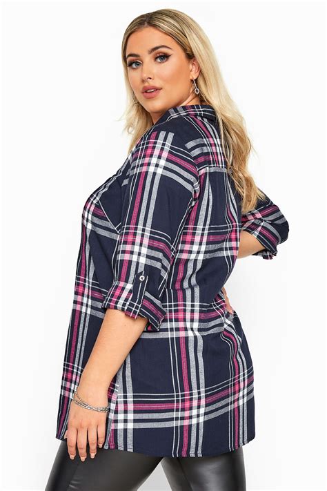 Navy And Pink Check Metallic Pleat Shirt Yours Clothing