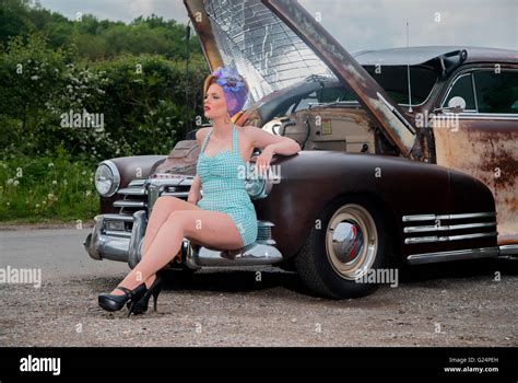 60s Look Pinup Girl With A Vintage Car Rat Look 1948 Chevrolet Stock
