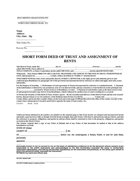 Fillable Short Form Deed Of Trust And Assigments Of Rents Printable