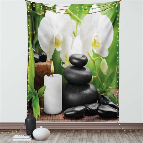 Spa Decor Tapestry Zen Hot Massage Stones With Orchid Candles And