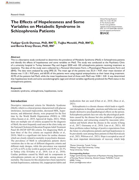 pdf the effects of hopelessness and some variables on metabolic syndrome in schizophrenia patients