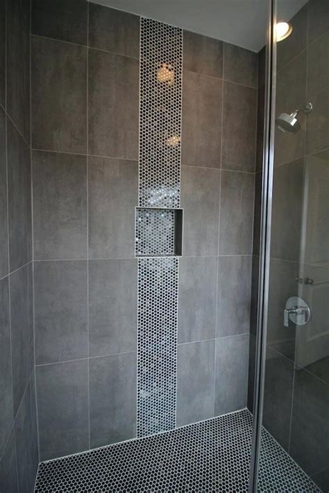 Coordinating Penny Tile Shower Floor And Vertical Border With Large Gray Tiles Bathroom Ideas