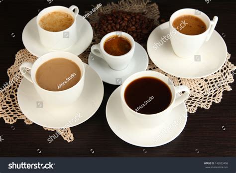 Assortment Of Different Hot Coffee Drinks Close Up Stock Photo