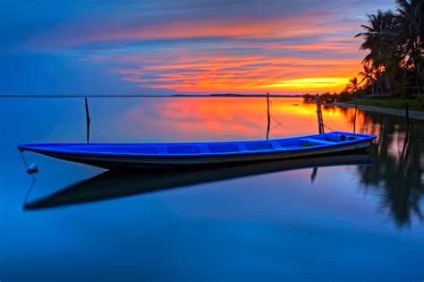 Wallpaper Boat Sunset Sea Reflection Sky Vehicle Sunrise