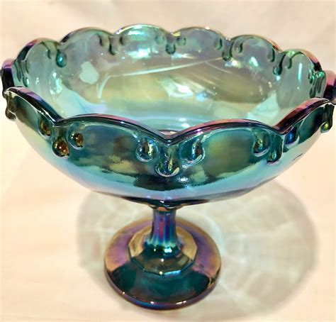 Antique Iridescent Blue Carnival Glass Fruit Compote