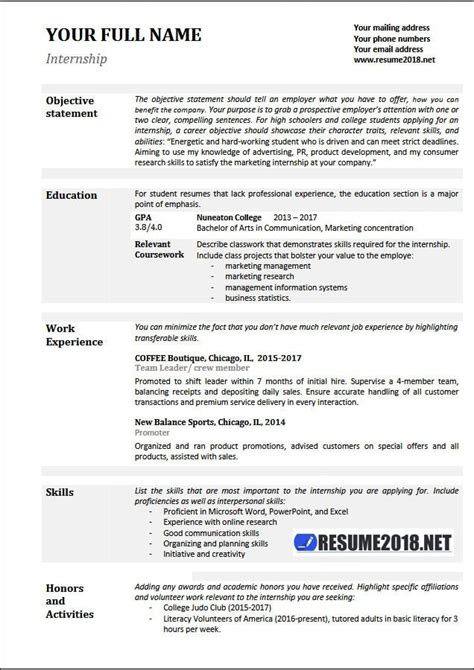 examples internship resume resume templates cover