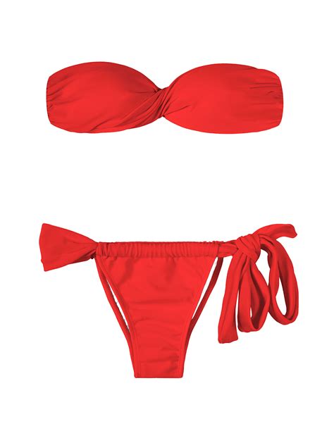 Red Bandeau Top Bikini With Sliding Tanga To Tie Red Torcido Lace