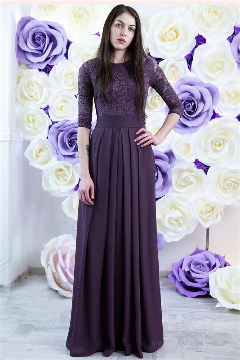 Purple Bridesmaid Dress Long Modest Lace And Chiffon Dress Etsy