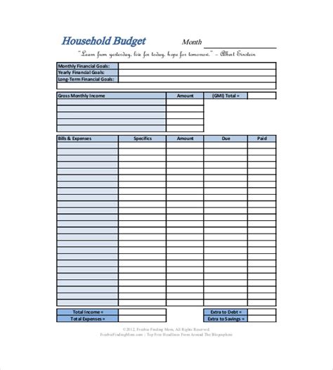 Household Budget Template Printable